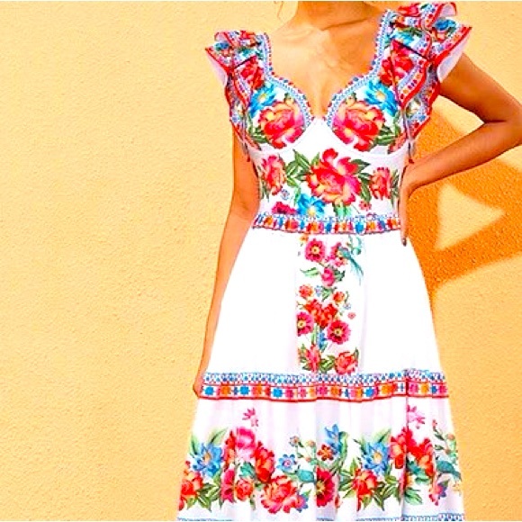 Boho Blanca resort onepiece swimsuit & maxi cover-up skirt white red blue floral - Picture 3 of 16